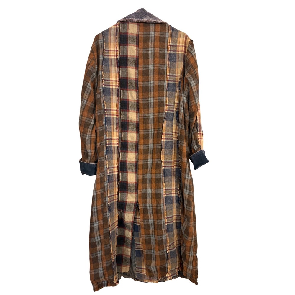 Oli & Hali Plaid Patchwork Distressed Long Trench Coat Duster Brown Blue M - Picture 3 of 7